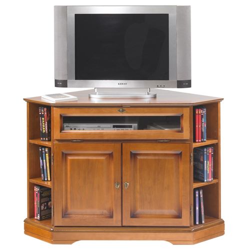 Meuble TV D'angle 42 Pouces Merisier 9 Niches 2 Portes L 114 H 77 P 77 Cm