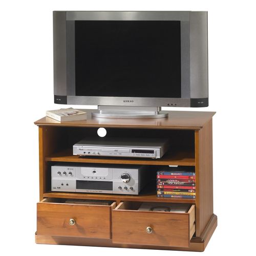 Meuble TV 32 Pouces Merisier 2 Tiroirs 2 Niches Roulettes L 82.4 H 58.7 P 46.5 Cm