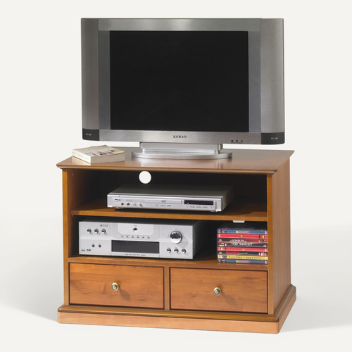 Meuble TV 32 Pouces Merisier 2 Tiroirs 2 Niches Roulettes L 82.4 H 58.7 P 46.5 Cm