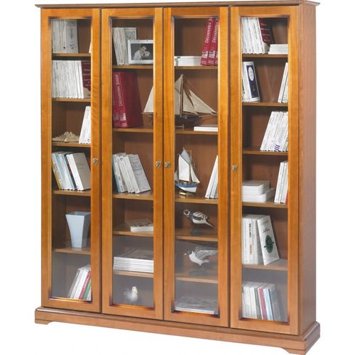 Bibliothèque 4 Portes Vitrées Merisier 18 Niches L 158.8 H 182.2 P 33 Cm