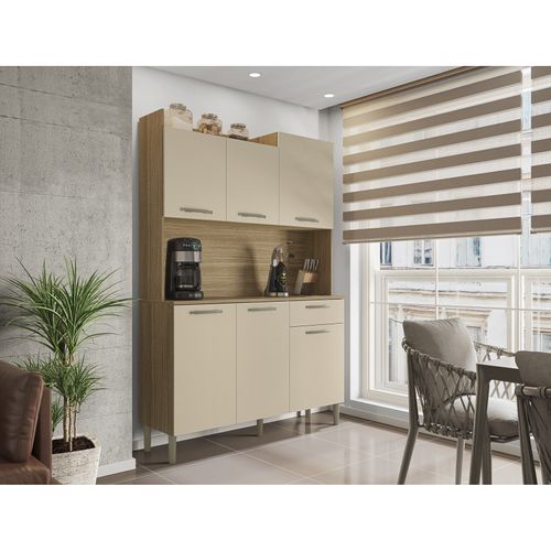 Buffet De Cuisine 6 Portes 1 Tiroir - Chêne Et Gris - 121.5 Cm - Rangement Spacieux