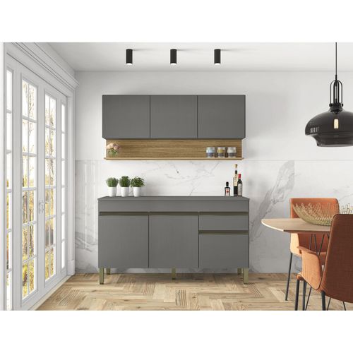 Cuisine Equipée 6 Portes 1 Tiroir Chêne Et Gris L 150 H 200 P 53.3 Cm