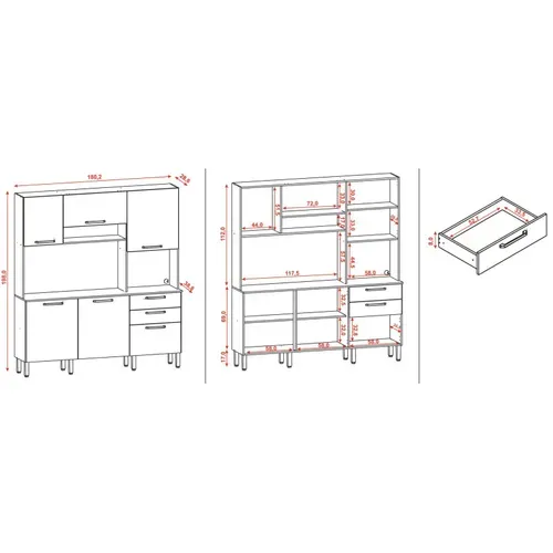Buffet De Cuisine 6 Portes 2 Tiroirs Chêne Et Blanc L 180.2 H 198 P 38.8 Cm