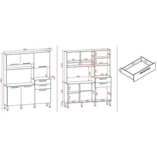 Buffet De Cuisine 6 Portes 2 Tiroirs Chêne Et Gris L 160.7 H 196 P 38.8 Cm