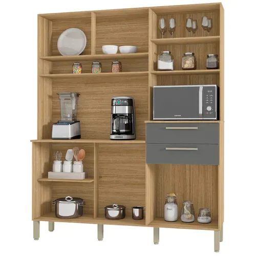 Buffet De Cuisine 6 Portes 2 Tiroirs Chêne Et Gris L 160.7 H 196 P 38.8 Cm