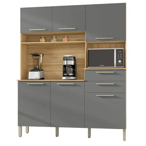 Buffet De Cuisine 6 Portes 2 Tiroirs Chêne Et Gris L 160.7 H 196 P 38.8 Cm