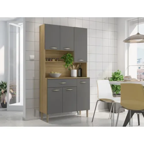 Buffet De Cuisine 6 Portes 1 Tiroir Chêne Et Gris 7 Niches L 90.9 H 173.5 P 36.3 Cm