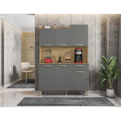 Buffet De Cuisine 6 Portes 1 Tiroir Chêne Et Gris L 121.5 H 176 P 36.3 Cm