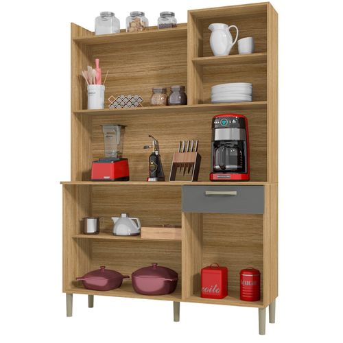 Buffet De Cuisine 6 Portes 1 Tiroir Chêne Et Gris L 121.5 H 176 P 36.3 Cm