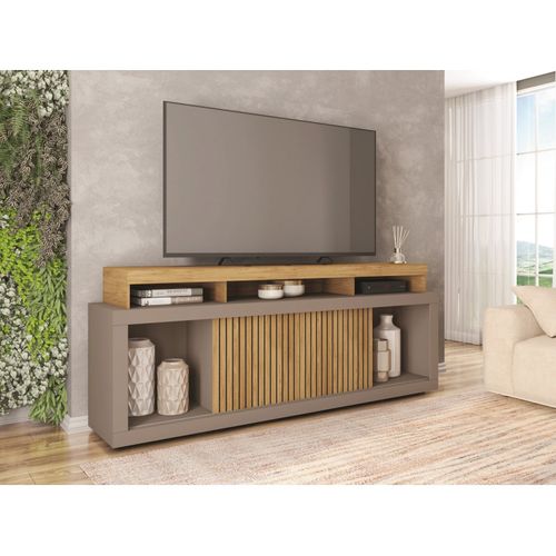 Meuble TV 70 Pouces Chêne Et Gris 2 Portes Coulissantes L. 180 H 74 P 39.5 Cm