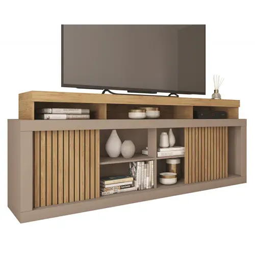 Meuble TV 70 Pouces Chêne Et Gris 2 Portes Coulissantes L. 180 H 74 P 39.5 Cm