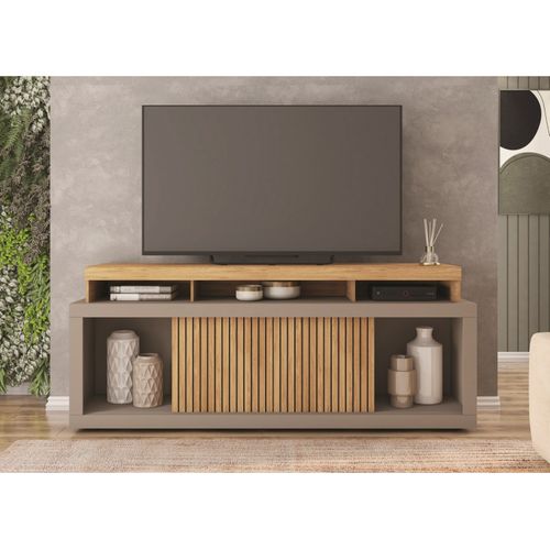 Meuble TV 70 Pouces Chêne Et Gris 2 Portes Coulissantes L. 180 H 74 P 39.5 Cm