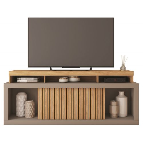 Meuble TV 70 Pouces Chêne Et Gris 2 Portes Coulissantes L. 180 H 74 P 39.5 Cm