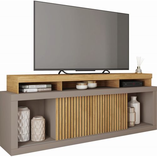 Meuble TV 70 Pouces Chêne Et Gris 2 Portes Coulissantes L. 180 H 74 P 39.5 Cm