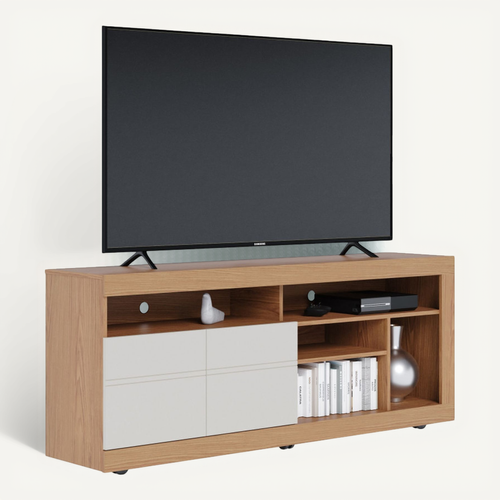 Meuble TV 65 Pouces Chêne Et Blanc 2 Portes 6 Niches Roulettes L 160 H 68 P 37.4 Cm
