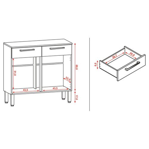 Buffet Bas 2 Portes 2 Tiroirs Chêne Et Blanc 2 Niches Larg 90,9 H 86 P 36,3 Cm