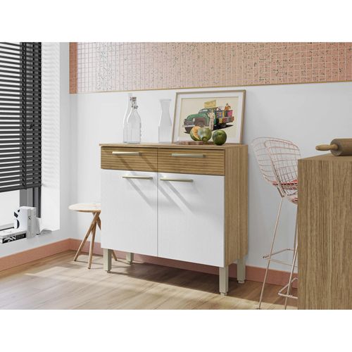 Buffet Bas 2 Portes 2 Tiroirs Chêne Et Blanc 2 Niches Larg 90,9 H 86 P 36,3 Cm