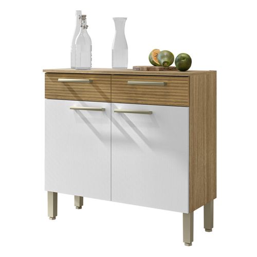 Buffet Bas 2 Portes 2 Tiroirs Chêne Et Blanc 2 Niches Larg 90,9 H 86 P 36,3 Cm