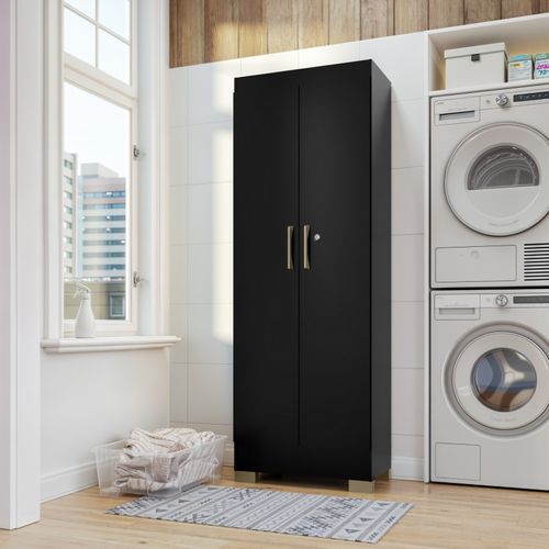 Armoire Multifonctions 2 Portes 5 Niches Noire L 63 H 180 P 35 Cm