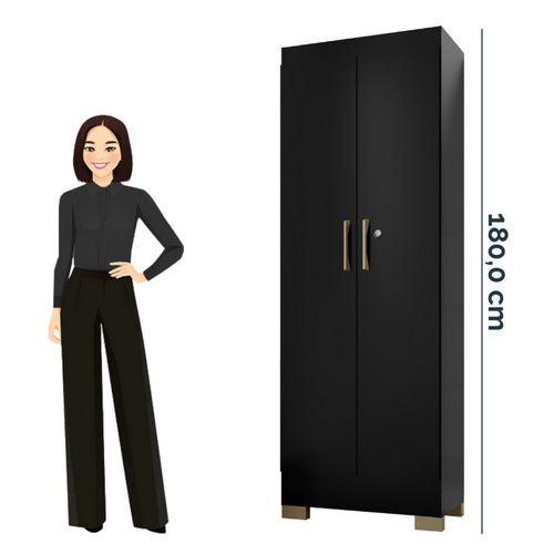Armoire Multifonctions 2 Portes 5 Niches Noire L 63 H 180 P 35 Cm