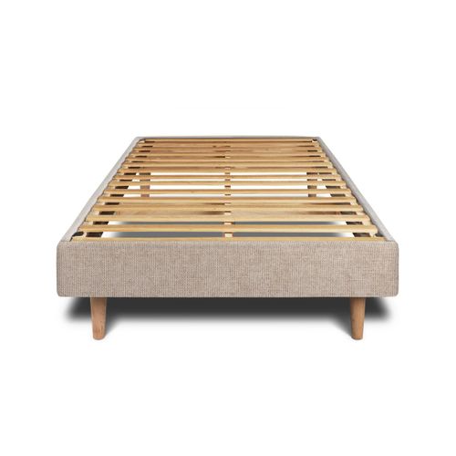 Lit 90x200cm Avec Tête De Lit Tapissier Tissu Et Sommier Kit Beige Brun