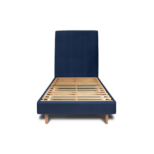 Lit 90x200cm Avec Tête De Lit Tapissier Velours Et Sommier Kit Bleu