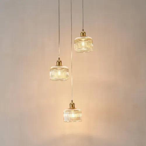 Suspension Triple Vintage Laiton Verres Ambrés Striés - Auréline