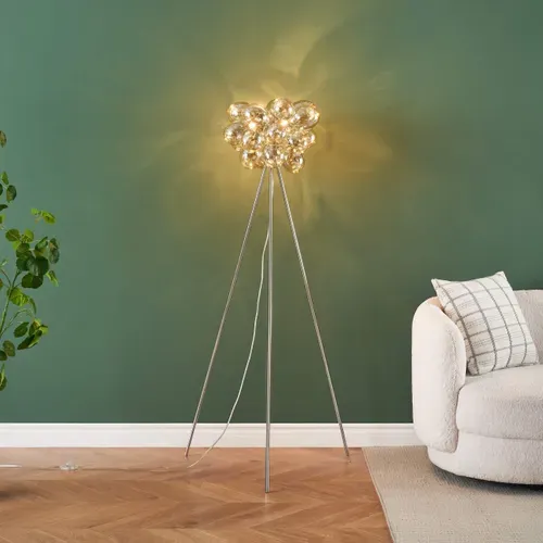 Lampadaire Trépied Chromé Verre Ambré Ultra Décoratif - Bartali