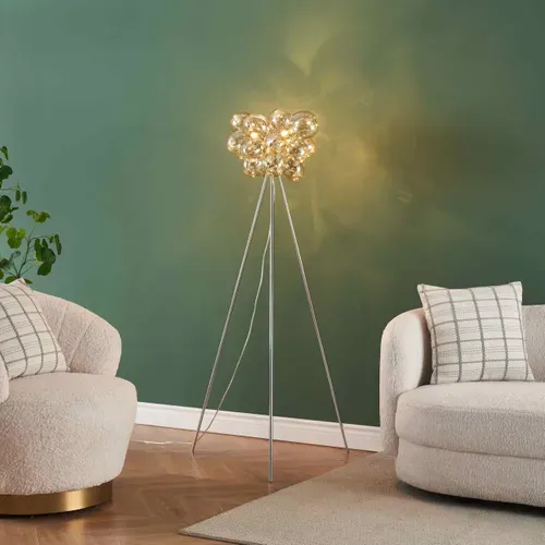 Lampadaire Trépied Chromé Verre Ambré Ultra Décoratif - Bartali
