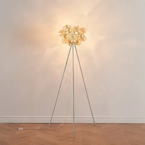 Lampadaire Trépied Chromé Verre Ambré Ultra Décoratif - Bartali