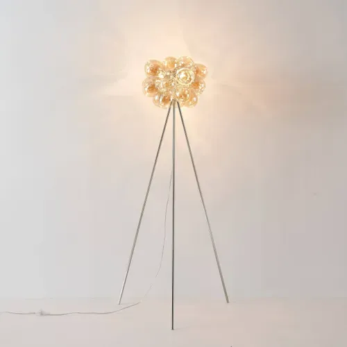 Lampadaire Trépied Chromé Verre Ambré Ultra Décoratif - Bartali