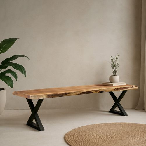 Banc L. 190 Cm Bois D'acacia Et Pieds En X En Métal Noir - Ottawa
