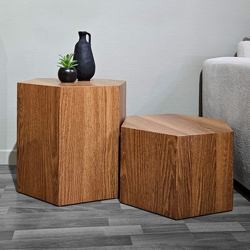 Petite Table D'appoint Hexagonale Décor Chêne H. 30 Cm - Caramello