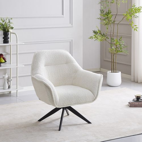 Fauteuil Pivotant 360° Tissu Bouclette écru Et Pied En Métal - Edward