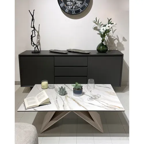 Table Basse 110 Cm Céramique Blanc Marbré Pied Métal Beige - Isaure