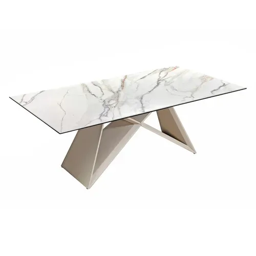 Table Basse 110 Cm Céramique Blanc Marbré Pied Métal Beige - Isaure