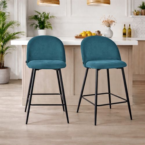 Lot De 2 Chaises De Bar En Velours Bleu Avec Pieds En Métal - Fara 2