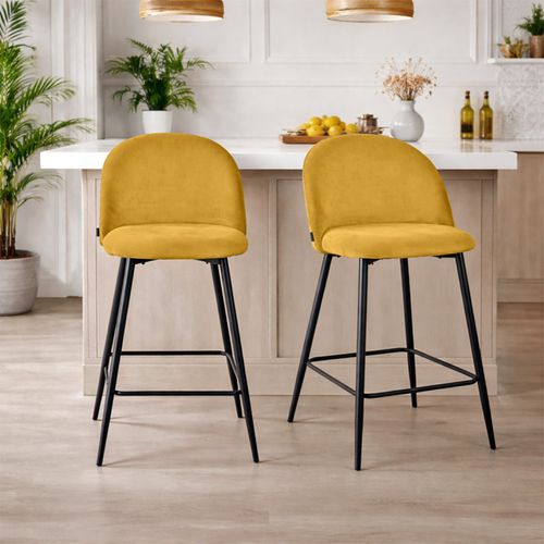 Lot De 2 Chaises De Bar En Velours Jaune Avec Pieds En Métal - Fara 2