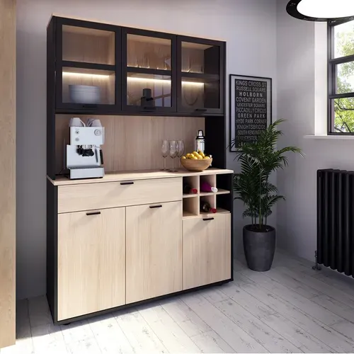 Vaisselier Portes Vitrées Et Tiroir Décor Bois Clair Et éclairage LED - Kema