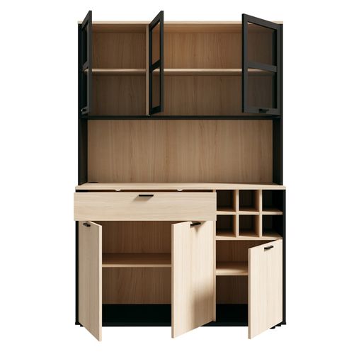 Vaisselier Portes Vitrées Et Tiroir Décor Bois Clair Et éclairage LED - Kema