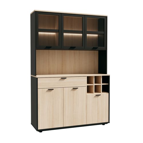 Vaisselier Portes Vitrées Et Tiroir Décor Bois Clair Et éclairage LED - Kema