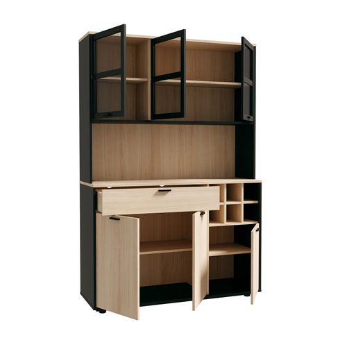 Vaisselier Portes Vitrées Et Tiroir Décor Bois Clair Et éclairage LED - Kema