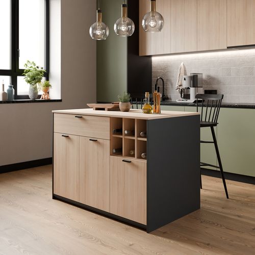 Ilot Central Rangement 3 Portes 1 Tiroir Décor Bois Clair Et Noir - Kema