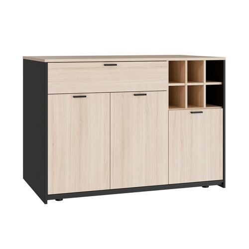 Ilot Central Rangement 3 Portes 1 Tiroir Décor Bois Clair Et Noir - Kema