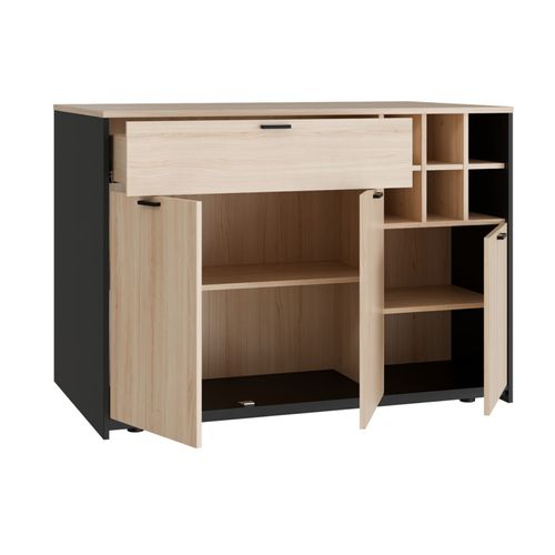 Ilot Central Rangement 3 Portes 1 Tiroir Décor Bois Clair Et Noir - Kema