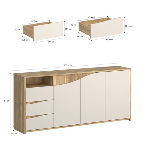 Buffet 204 Cm Décor Tasseaux Bois Et Sable Avec Vagues - Rivage