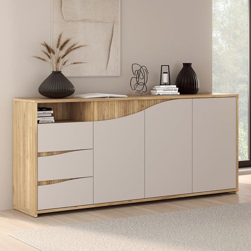 Buffet 204 Cm Décor Tasseaux Bois Et Sable Avec Vagues - Rivage