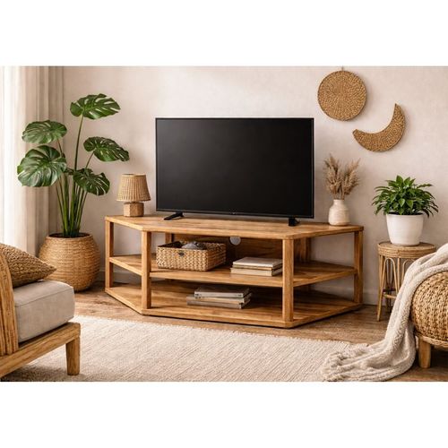Meuble TV D'angle Hexagonal 110 Cm Bois De Teck Massif - Tetra