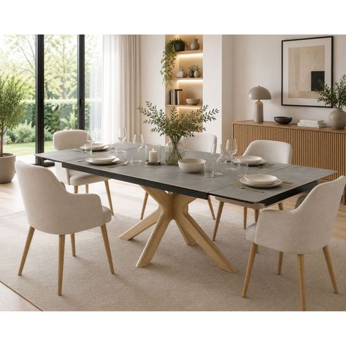 Table Extensible 180 À 260 Cm Céramique Gris Marbré Pied Croisé Bois Clair - Arizona 12