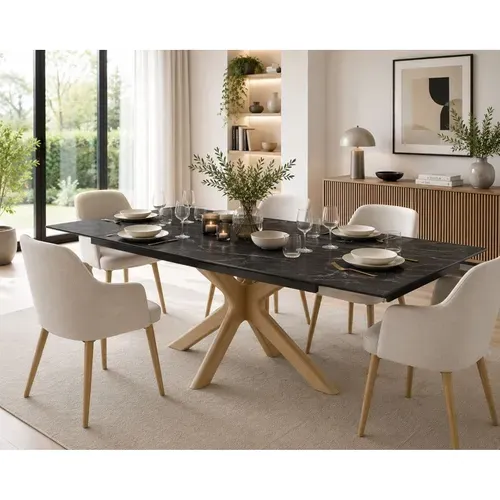 Table Extensible 160 À 240 Cm Céramique Noir Marbré Pied Croisé Bois Clair - Indiana 12